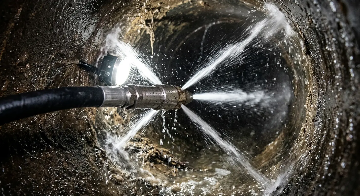 High-pressure hydro jetting nozzle cleaning sewer pipe for Trenchless Sewer Repair in Howland Center