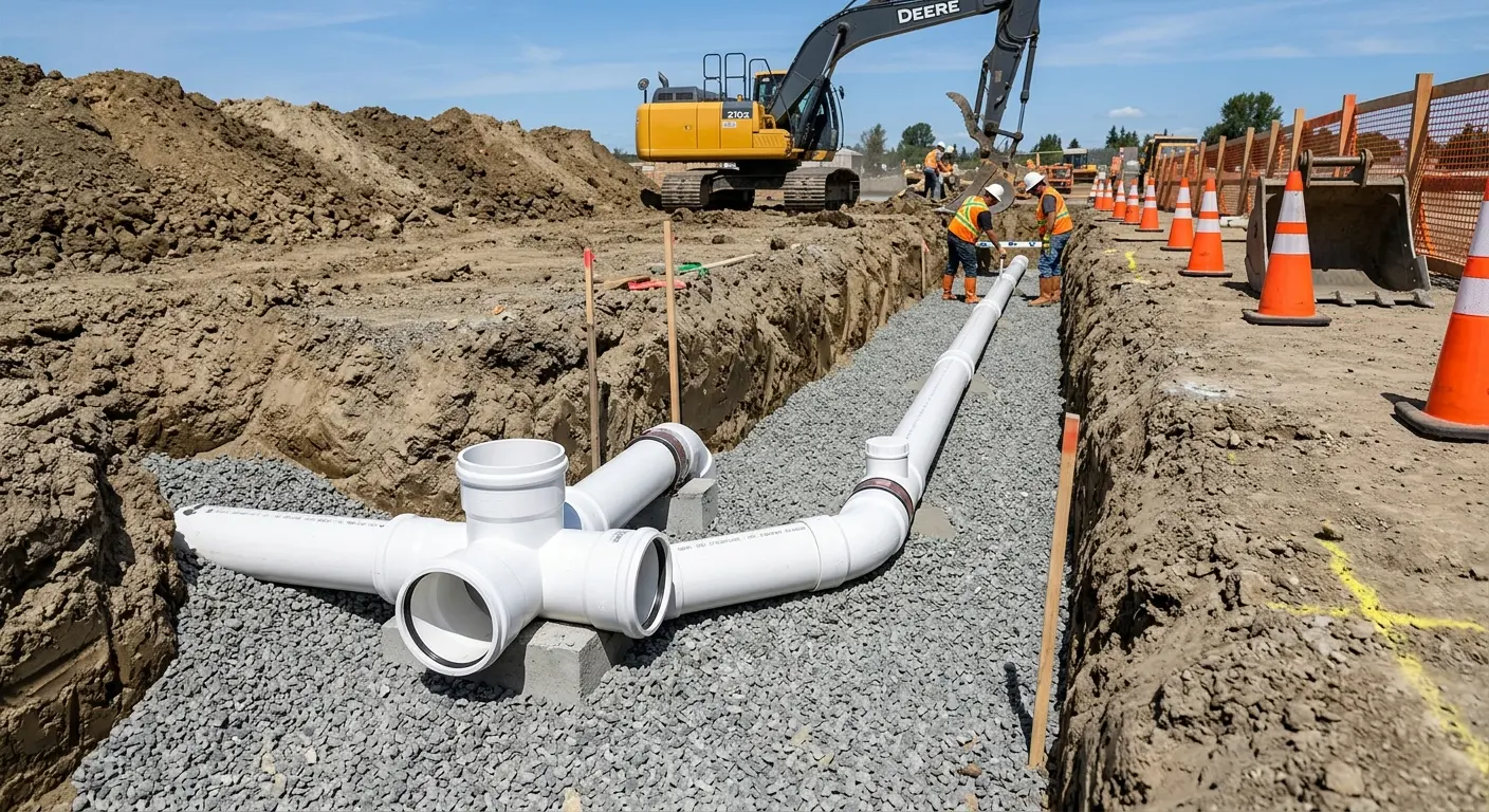 New PVC sewer pipe installation in open trench for Grease Trap Cleaning in Howland Center