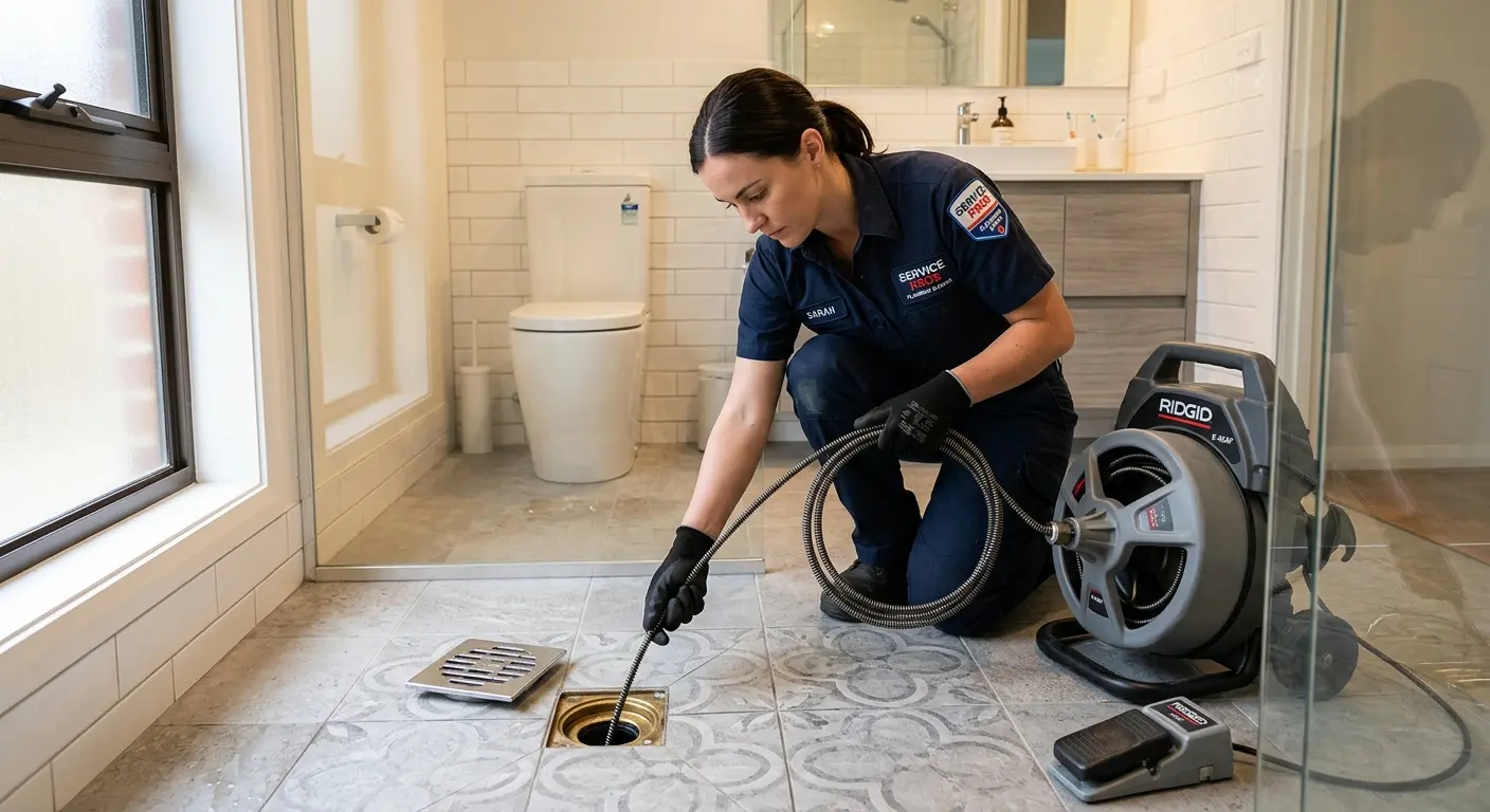 Technician clearing a bathroom floor drain for Hydro Jetting in Howland Center